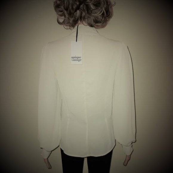 Unique Vintage Ivory Crepe Neck Tie Puff Sleeves Gwen Blouse - S/4 NWT - Picture 4 of 4